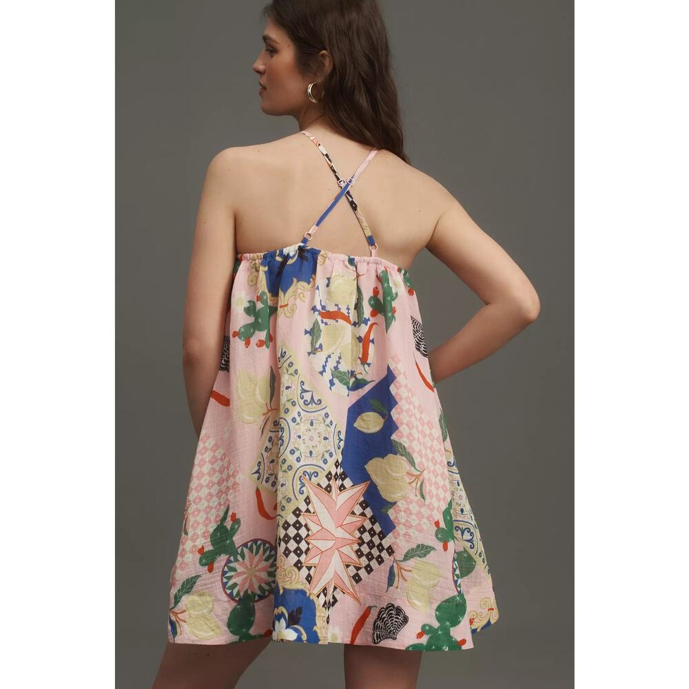 New Anthropologie Maeve Printed Halter Swing Mini Dress $148 X-SMALL Pink - Picture 4 of 5